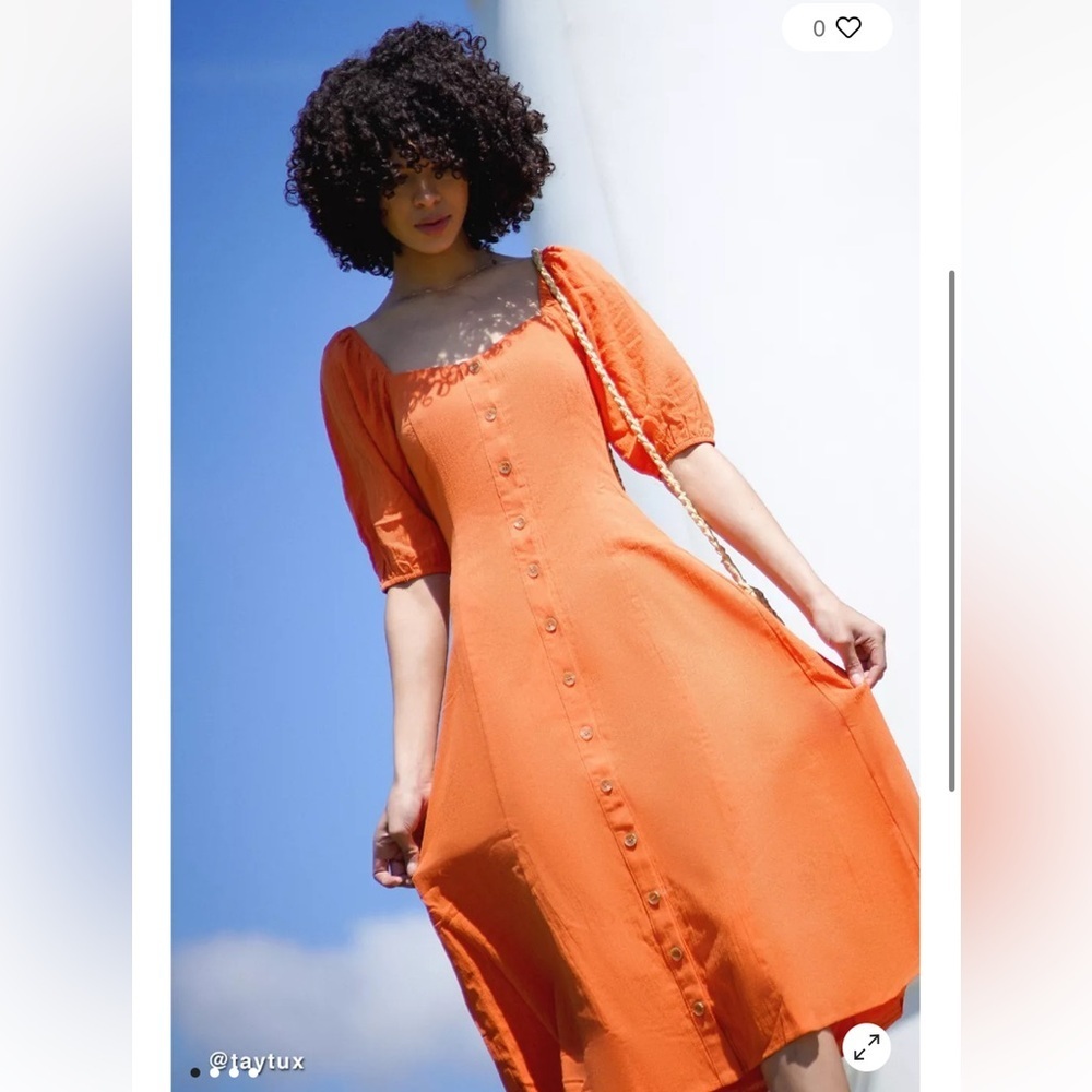 UO Maria Puff Sleeve Button-Front Midi Dress XS